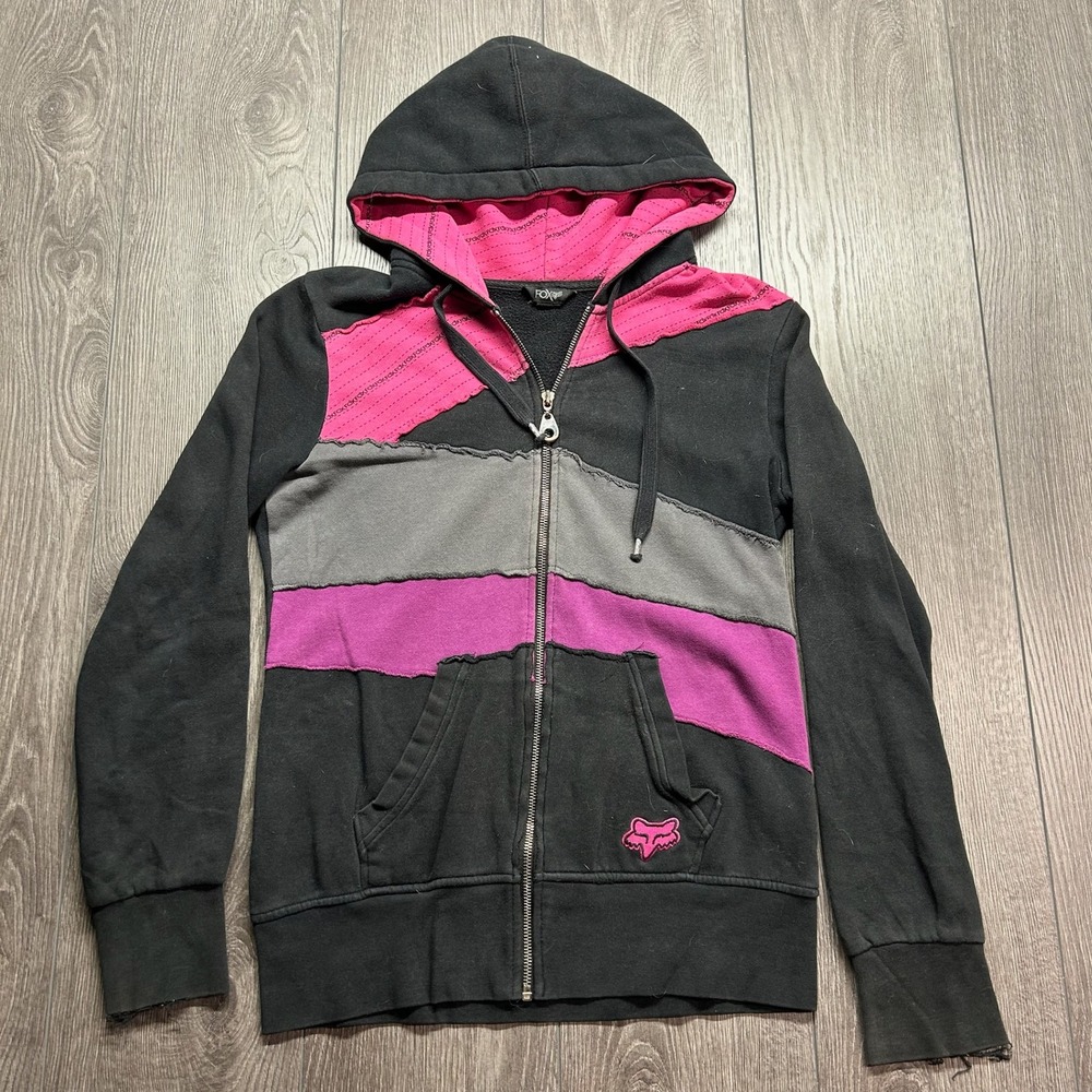 Fox Racing Y2K Zip Up Hoodie Medium Black Pink Grey Colorblock Distressed Womens